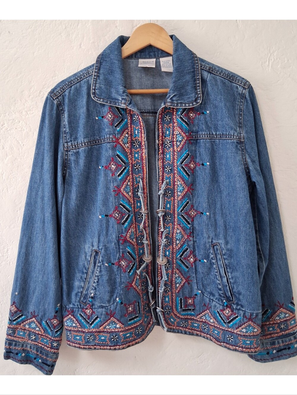 VTG 90s Blue Bayou Embroidered Denim Jacket M Oversized Boho